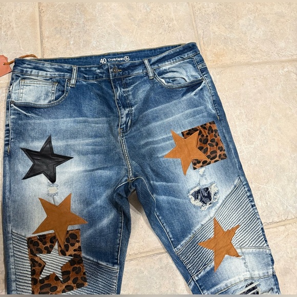 Crysp Denim Skywalker Jeans NWT Men’s Distressed Patchwork Star Moto Skinny $100 - Picture 4 of 7